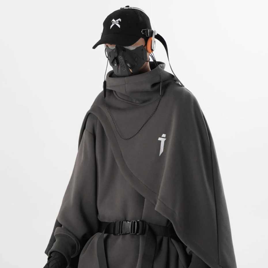 ARENS Fashion Cloak Hoodies Men Techwear Streetwear Hoodie Pullovers Black Gray Darkwear Oversized High Collar Sweatshirt Unisex Z250529