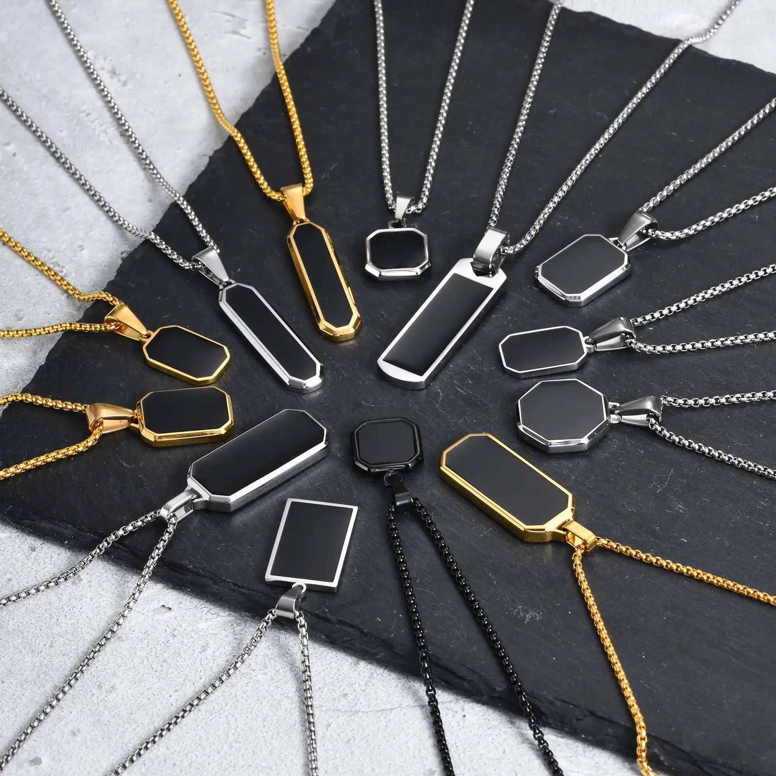 Casual Black Enamel Necklaces for Men Waterproof Stainless Steel Square Pendant Necklace Simple Fashion Male Collar Jewelry GiftXJ250528