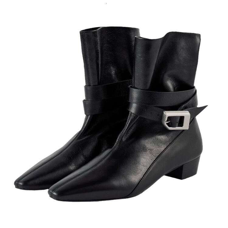 Korean Style Niche Design Square Toe Mid Chunky Heel Belt Buckle Short Slim Women 2024 Autumn Winter Martin Boots