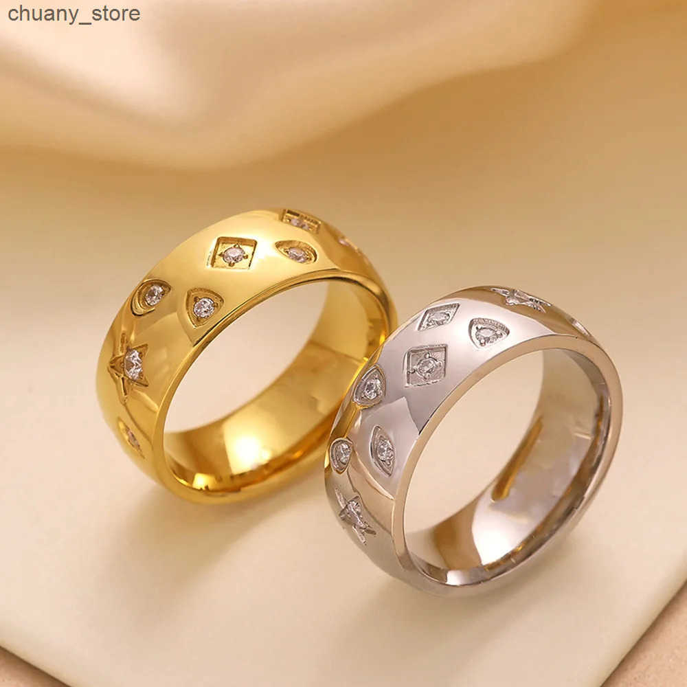 High Polished Stainless Steel Gold Plated Engraving Star White Shiny Zircon Ring for Women Girl Wedding Party Jewelry Gift z250529EEI3