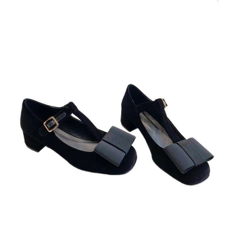 Genuine Leather Velvet French Round Toe T-Strap Mary Jane for Women 2025 Spring New Chunky Heel Bowknot Women's Shoes
