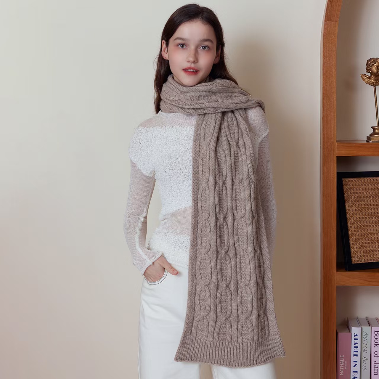 T837 retro thick needle twist wool solid color knitted scarf female winter soft waxy high-grade warm couple neck shawl