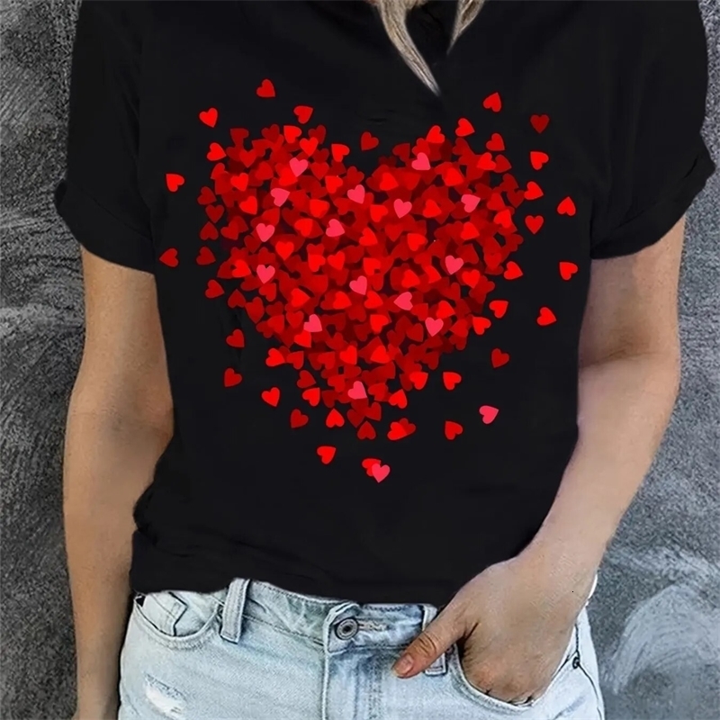Women Heart Print T-Shirt For Valentines Day Gifts Crew Neck Short Sleeve T-Shirt Casual Every Day Tops Womens Clothing 250517
