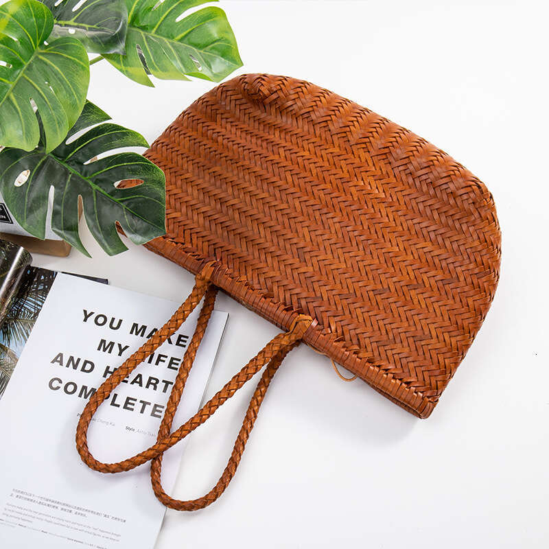 Tote Bag Ins Genuine Leather Recycled Cowhide Handmade Herringbone Woven Tote Basket Vacation Bag Shoulder Bag Braided Handbag Genuine leather women&#