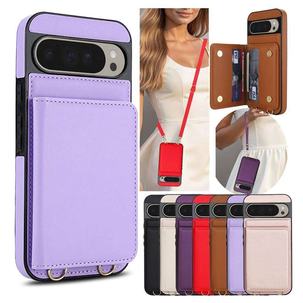 Crossbody Leather Wallet For Google Pixel 9Pro XL 9A 8A 6A 8Pro 8 9 Cover Kickstand Phone Case Card Cash Holder Strap