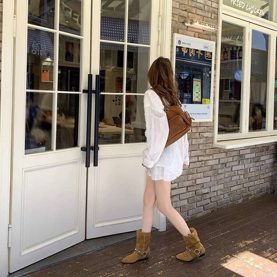 Genuine Leather Suede Niche Studded Chunky Heel Flat Pointed Toe Western Cowboy Short Women Autumn Winter New Martin Boots