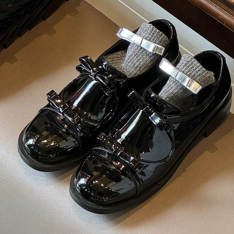 Korean Style Double Bow Patent Leather Women's Loafers Spring Autumn New Chunky Heel Round Toe Slip-On Commuter Shoes