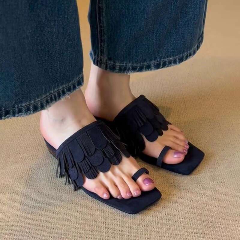 Sheepskin Version ~ Niche Suede Tassel Low Heel Square Toe Slip-On Mules for Women Outdoor 2025 Summer Sandals