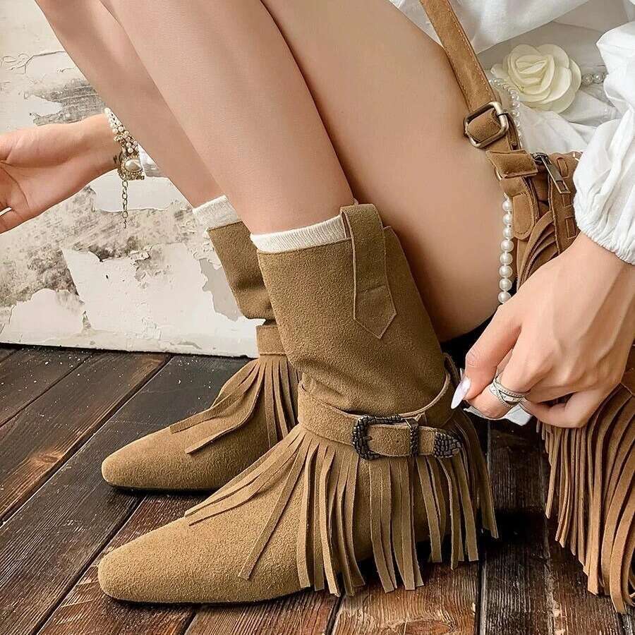 Unique Two-Way Design Fringe Pointed Toe Martin Western Cow for Women Autumn Winter Mid-Calf Flat Short Boots