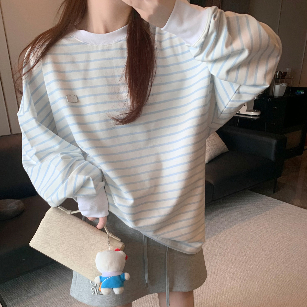 DO3210 Spring and Autumn new long-sleeved T-shirt for women, loose and versatile round-neck sweater, striped ins top for women