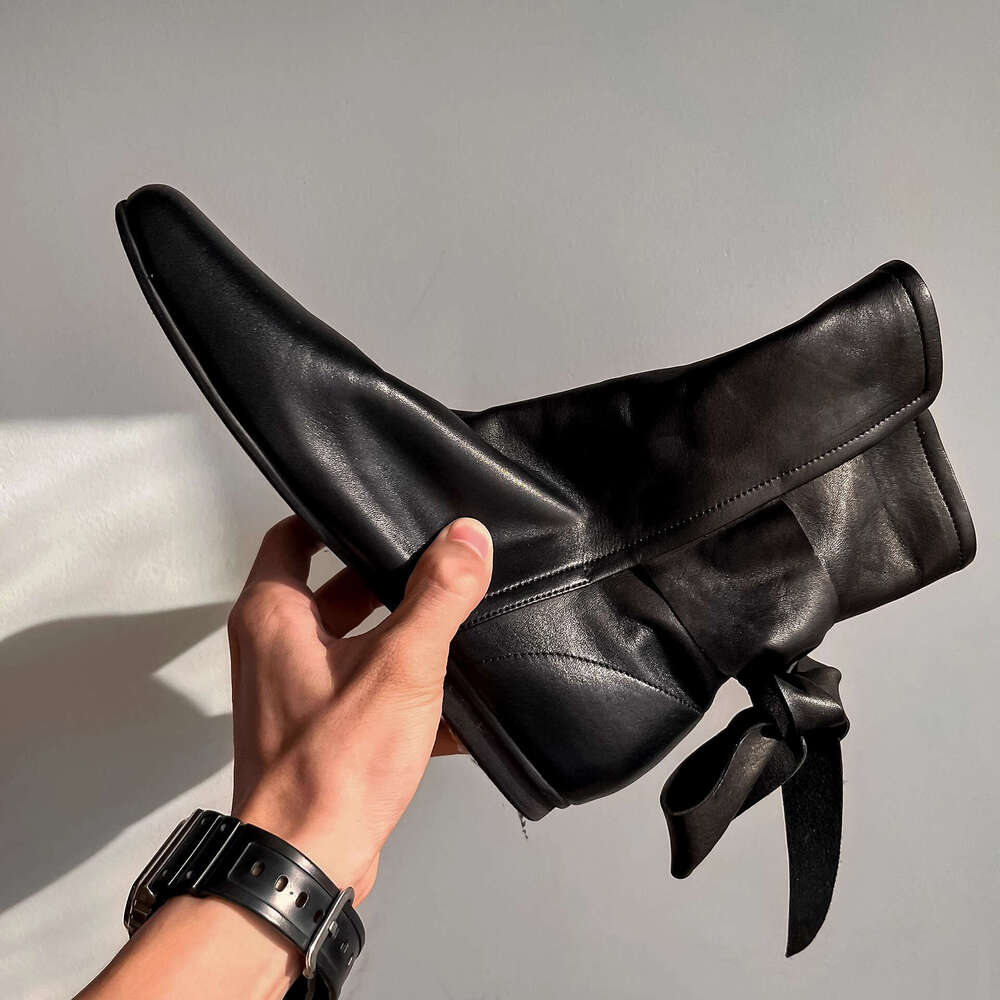 Genuine Leather Niche Dyed British Style Martin for Women, Autumn Winter Chelsea Ankle with Bowknot, Flat Pleated Slouch Boots