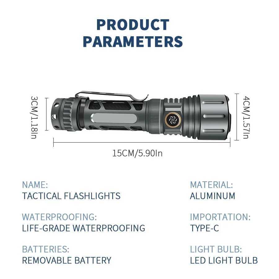 BALDR Flashlight Type-C Fast Charge 5 Lighting Modes Aluminium Alloy Zoomable Waterproof Design Lightweight Flashlight for HikingXJ250529