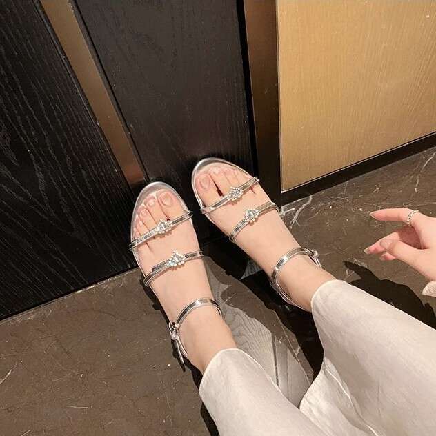 Grape Mom Style Round Toe One Double Strap Heart Diamond Buckle Low Chunky Heel Sandals Women Summer Slippers