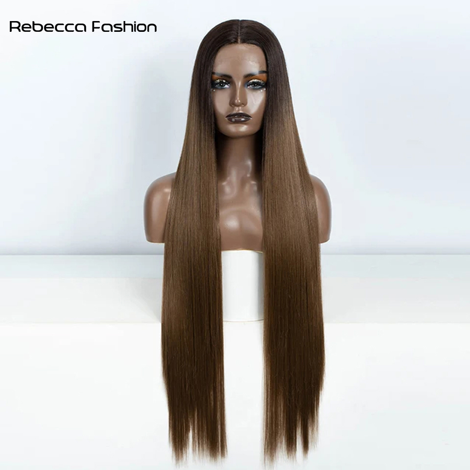Rebecca Fashion 13*6*1 Synthetic Lace Front Wigs 38 inch Straight Long For Black Women High Temperature Fiber Middle Part Blonde Highlight Cosplay Wig