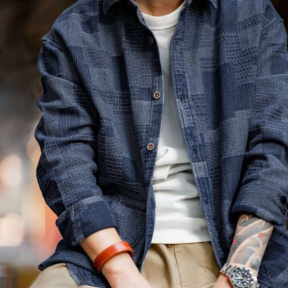Women's Wear Maden Japanese Retro Boro Denim Shirts For Men Jacquard Patchwork Long-Sleeve Button Down Shirt Jacket Oversize Spring Outerwear
