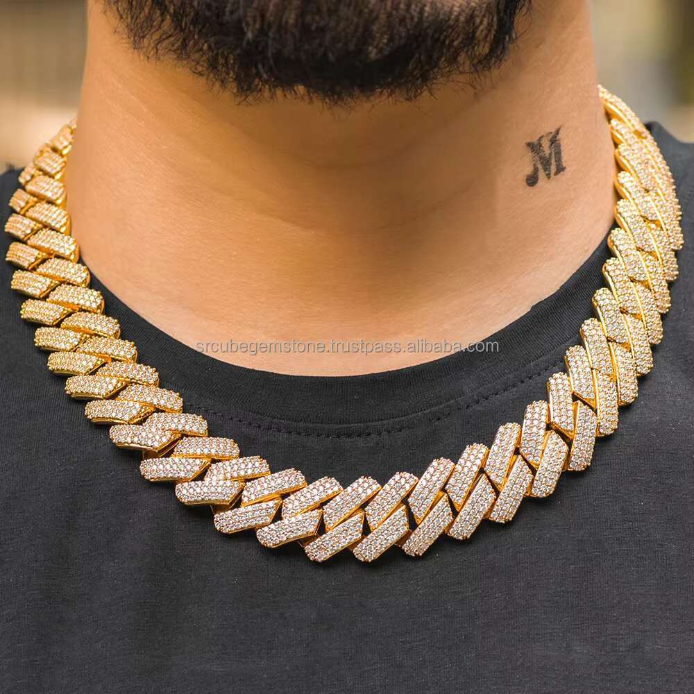 Hip Hop 925 Silver Plated 18k Rose Gold Diamond Moissanite Necklace Cuban Chain Hip Hop Diamond Cuban Link Chain for Women Mens