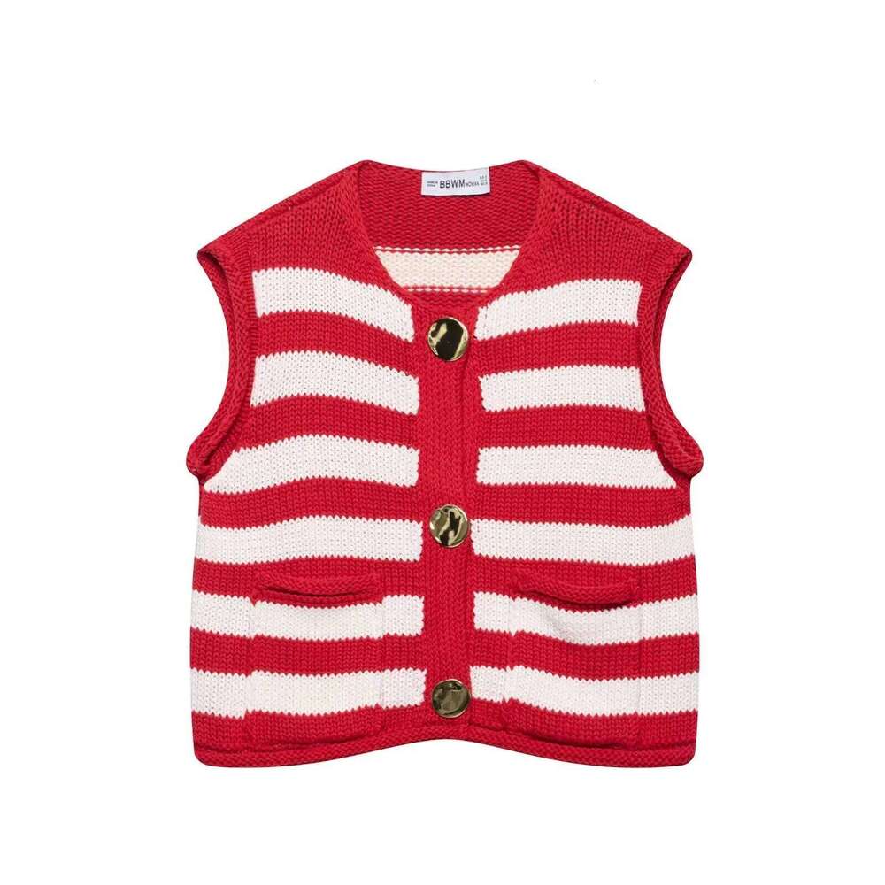 European and American style 2025 new round neck single-breasted sleeveless striped knitted vest top
