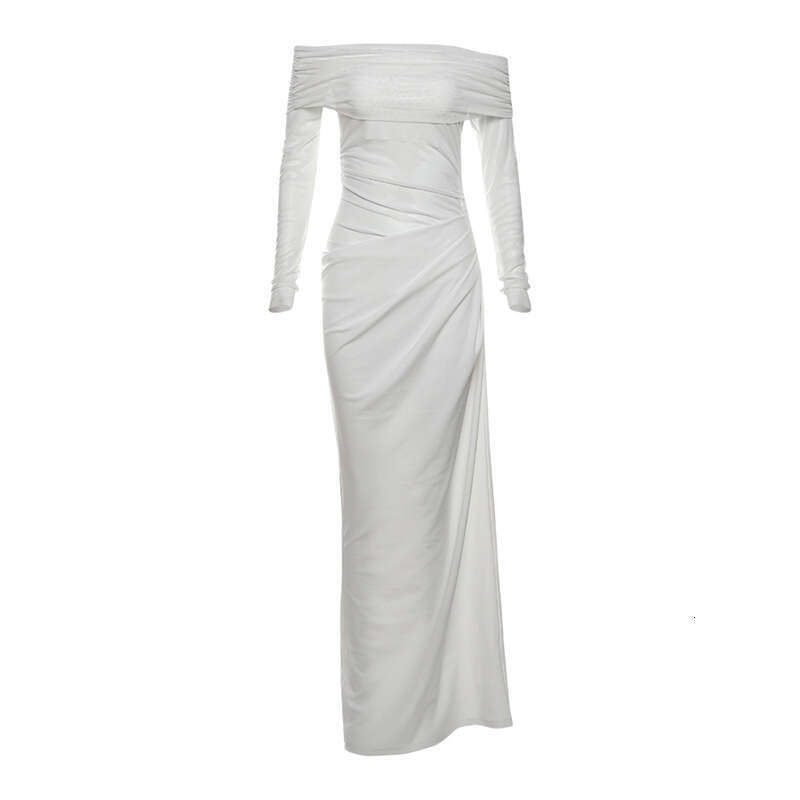 Spring New Women's Fashion Elegant Sexy Off-Shoulder Mesh Sheer Long Dress B5