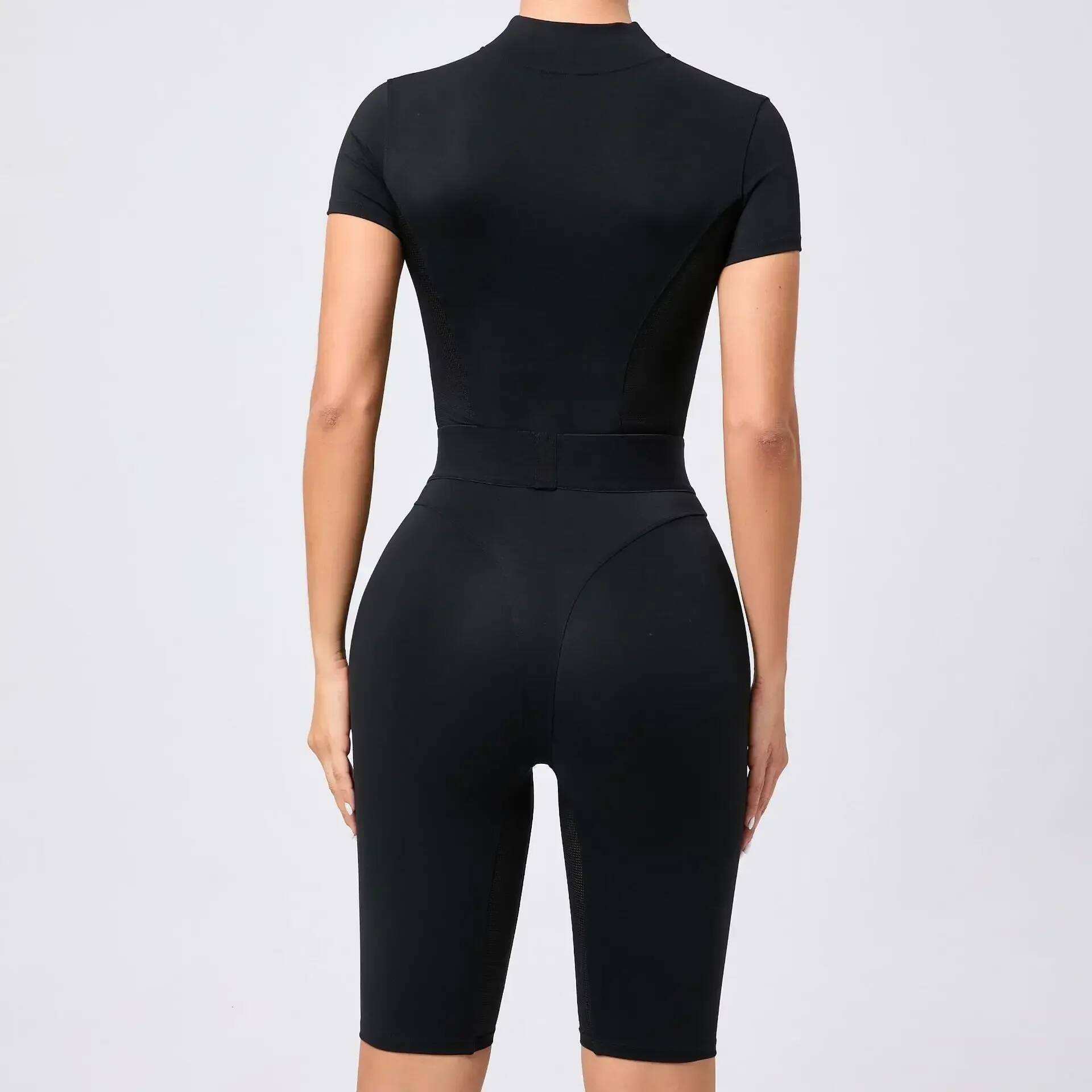 Seamless Jumpsuits Sports Fiess Hip-lifting Tights Short Sleeve Zipper Yoga Workout Gym Leggings Sportswear for Women