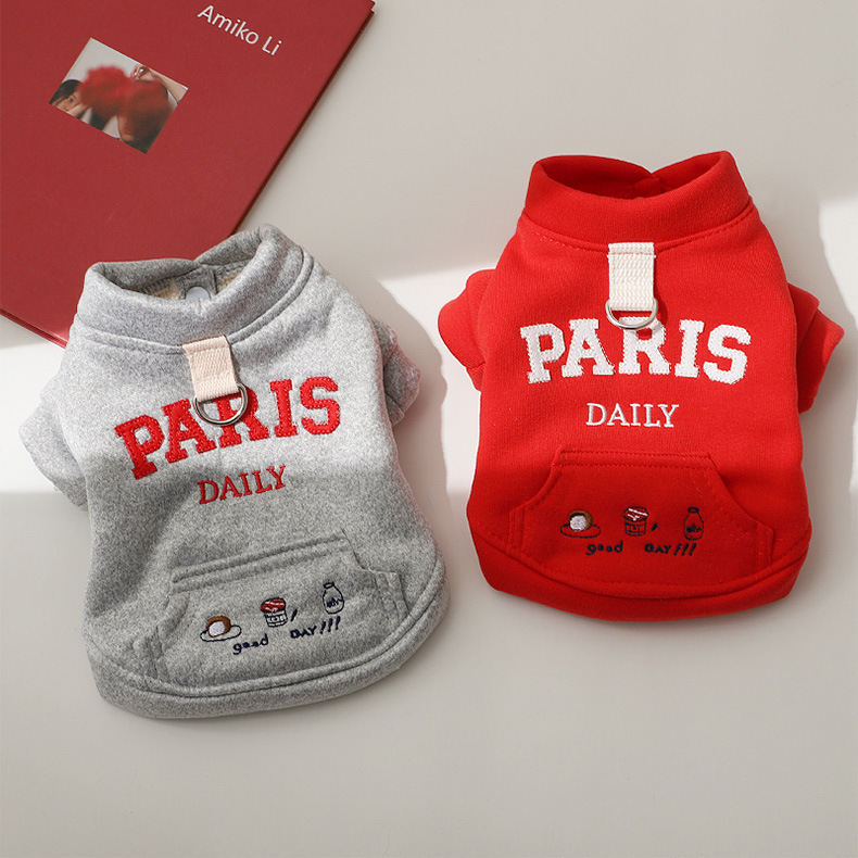 Autumn Hoodies with Leash Ring, Pockets, Embroidery Letter Puppy for Small Medium Dog Girl Boy Cat Sweater Winter Pet Clothes Cold Weather Coat M A457