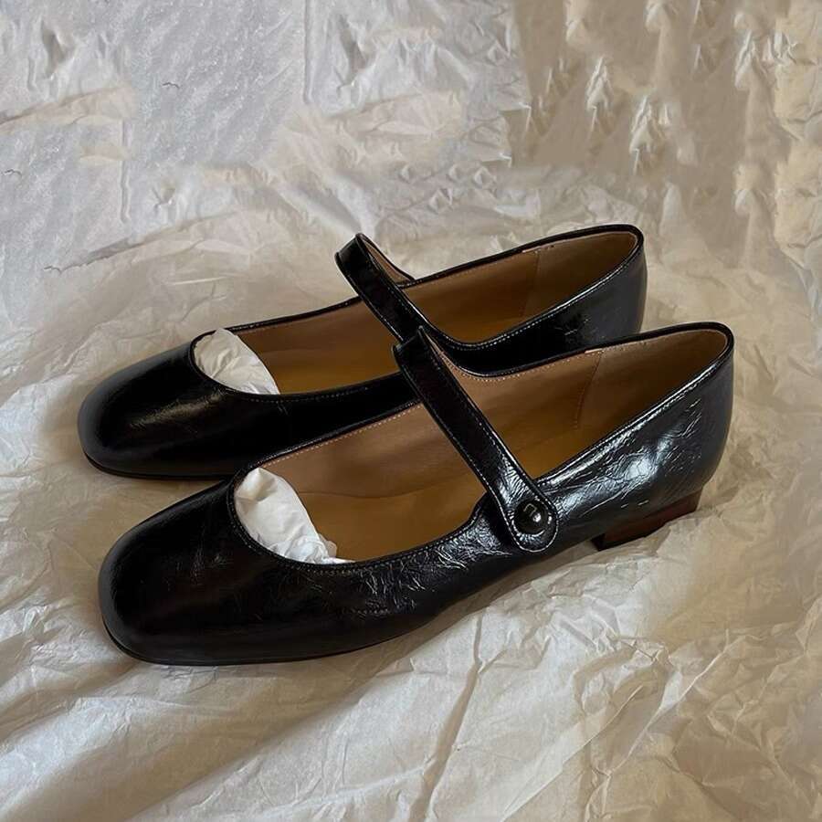 Genuine Leather French Style One-Strap Flat Casual Mary Jane Women's Square Toe Shallow Mouth Versatile Single Shoes Spring and Autumn New Model