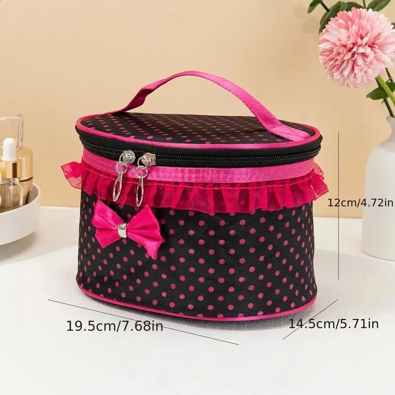 Cosmetic Makeup Bag Large Portable Zipper Travel Organizer Holder with Top HandleDot Print and Bow Lace Decor 250528