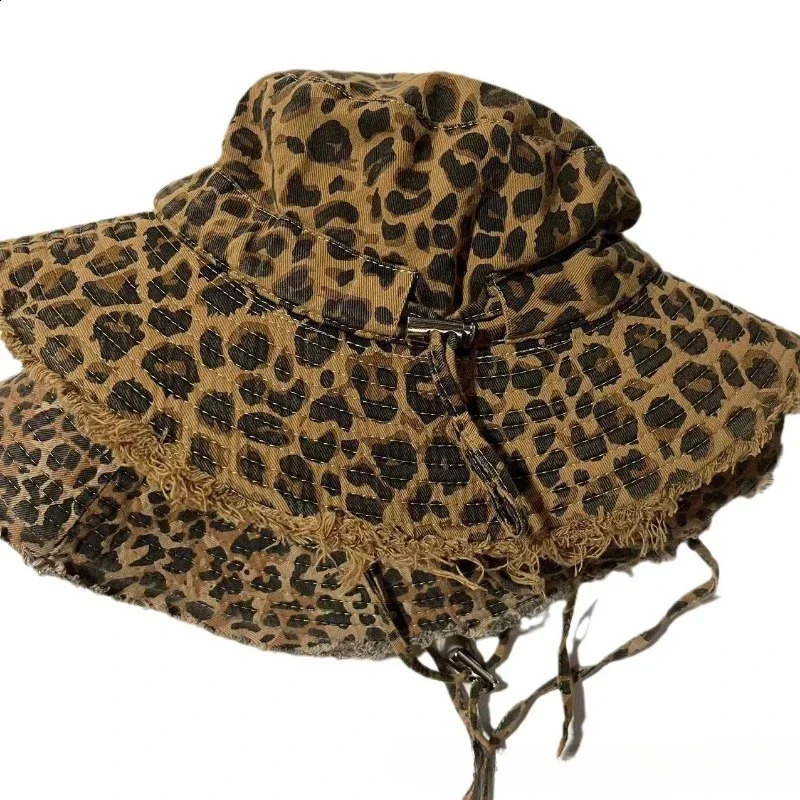 Retro Mens Leopard Print Washed Border Mens Womens Fisherman Hats Seasonal Hanging Rope Outdoor Travel Basin Hats Sun Hats 250523