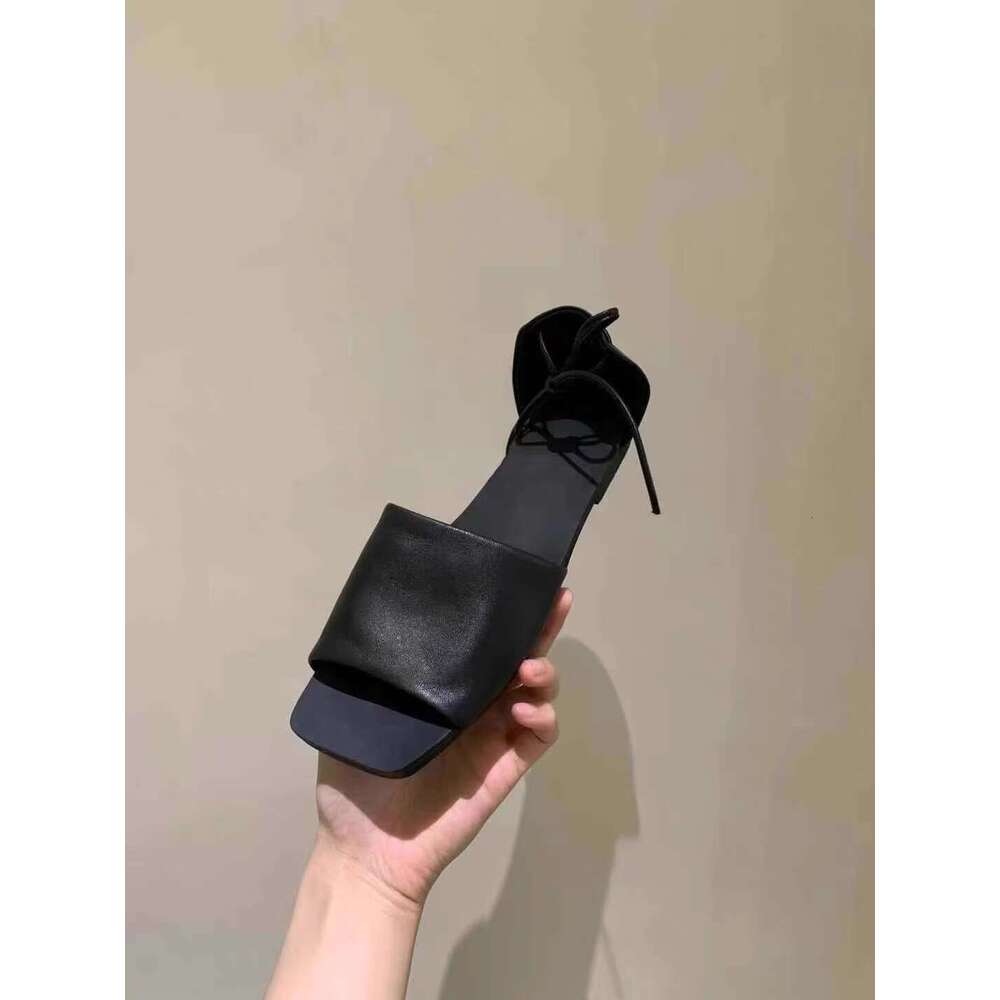 Cowhide Version ~ Korean Style Niche Open-Toe One-Strap Sandals Women 2025 Summer Flat Lace-Up Backless Half Slippers for Outdoor Wear