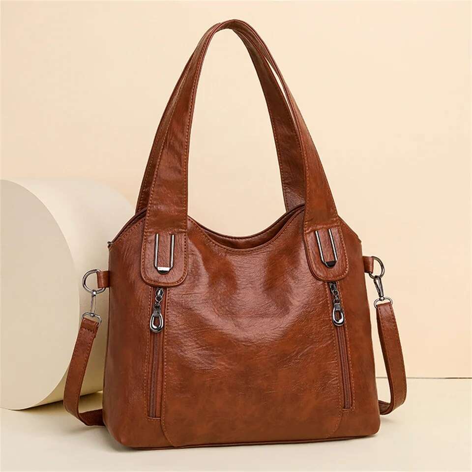 Capacity Brown Shoulder Bags For Women Large Shopper Solid Color Soft Leather Crossbody Handbag Lady Travel Tote Bag