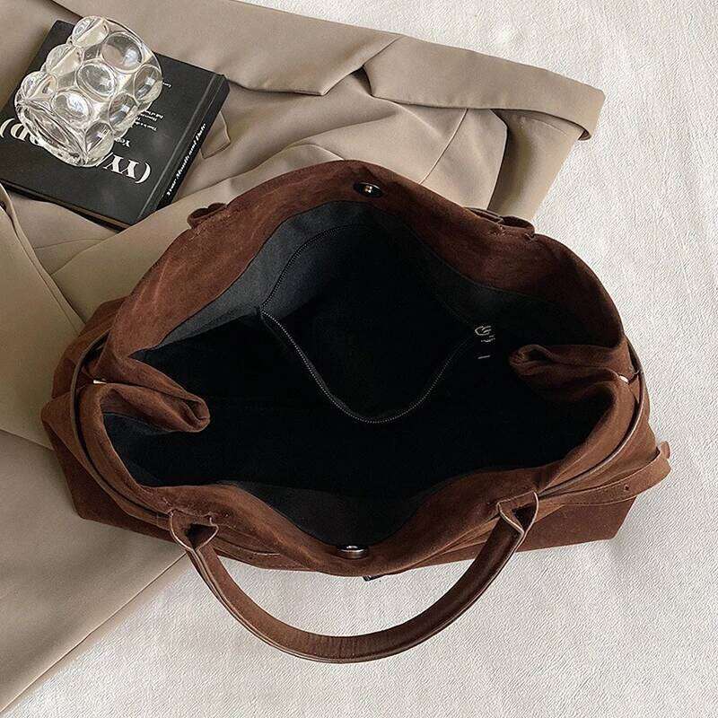 Trendy Autumn Brown Tote Women's Retro Suede Large Capacity Shoulder Belt Buckle Design Ladies Underarm Commuter Bag