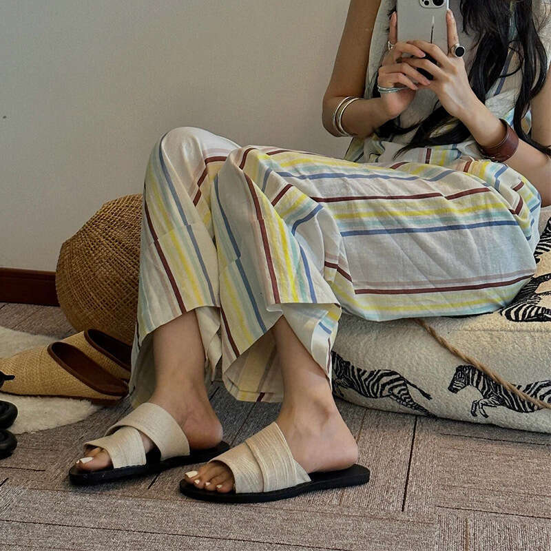 Korean Style Niche Canvas Open-Toe Lazy Slippers for Women Summer Outdoor New Wide Strap Simple Casual Flat Sandals