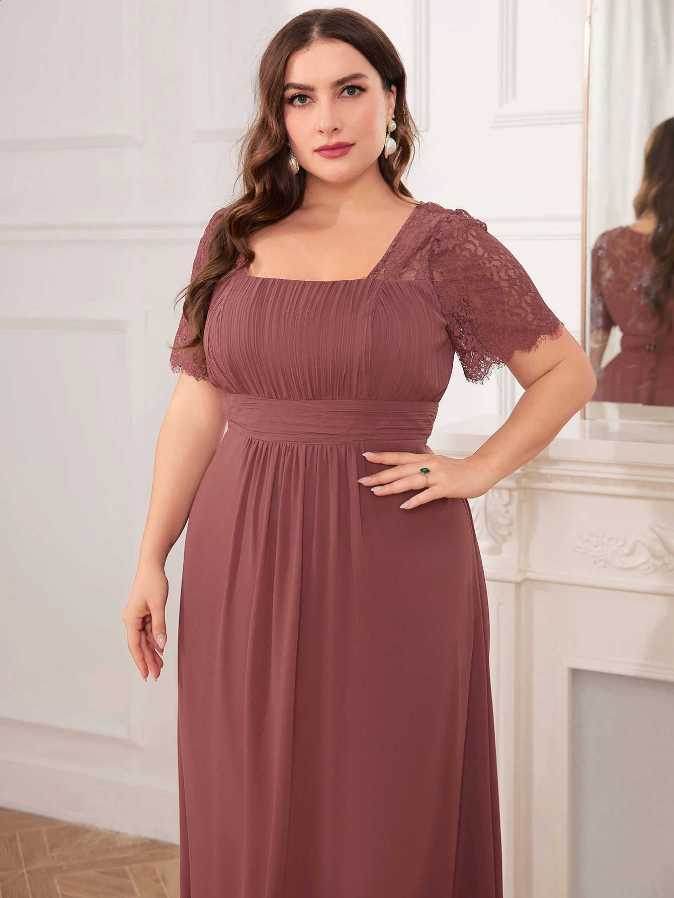Unithorse Plus Size Womens Lace Applique Sleeve Bust Ruched Chiffon Formal Evening Dress 250517