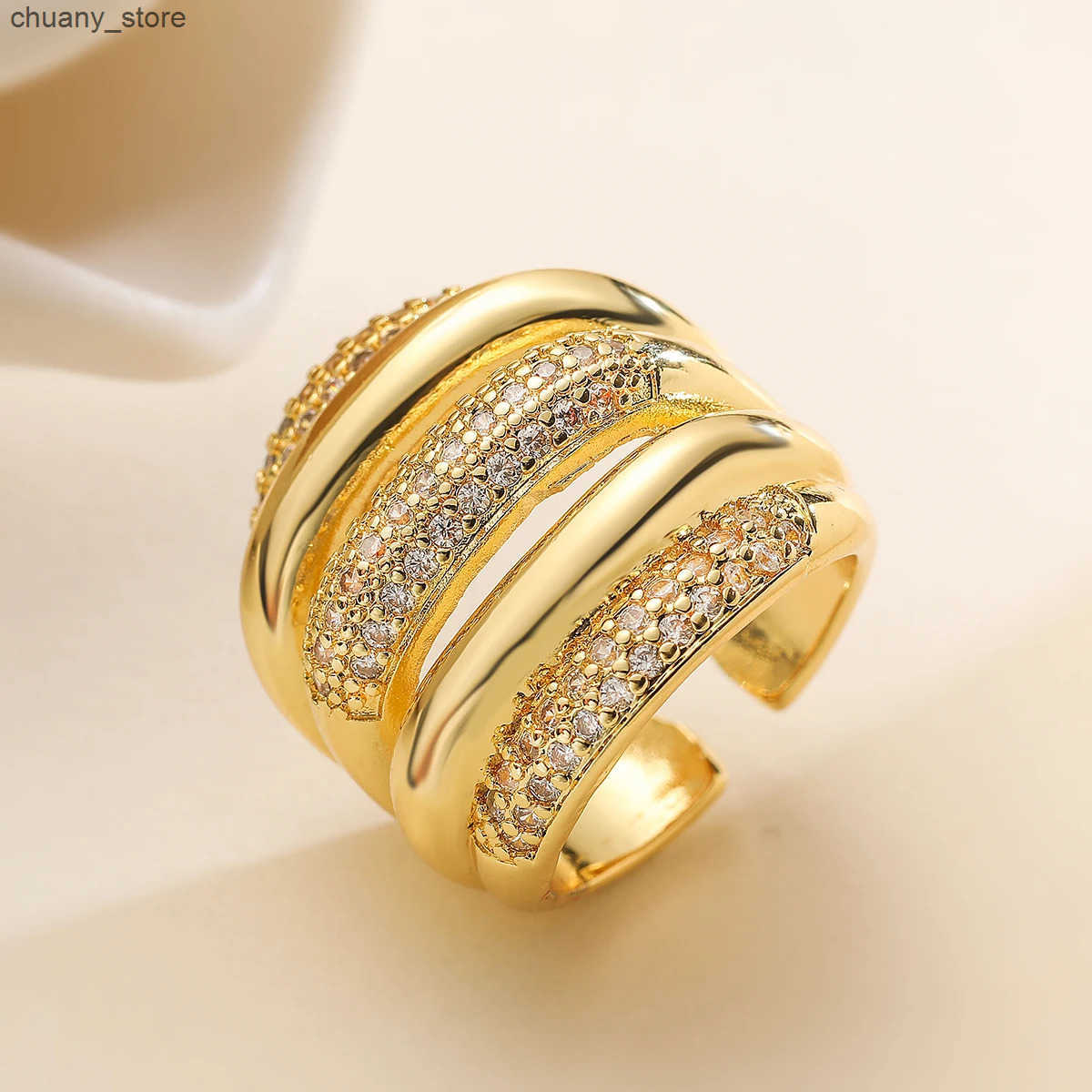 Glamorous Gold Color Adjustable Band Ring For Women Girls Delicate Cubic Zirconia Jewelry z250529YZXW
