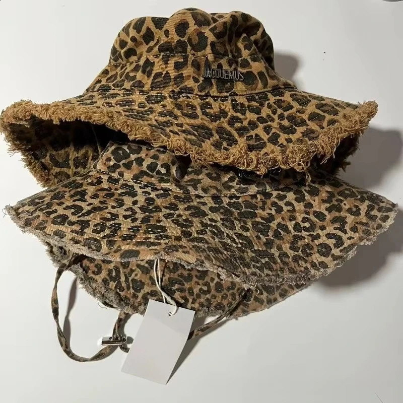 Retro Mens Leopard Print Washed Border Mens Womens Fisherman Hats Seasonal Hanging Rope Outdoor Travel Basin Hats Sun Hats 250523