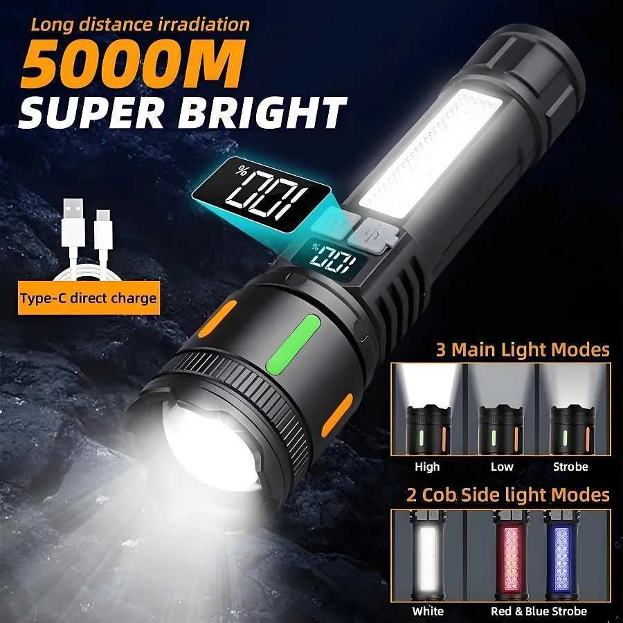 High Strong Power LED Flashlights with COB Light Ultra Bright USB Charging Tactical Torch Zoomable Outdoor Camping Fishing Lamps XJ250529