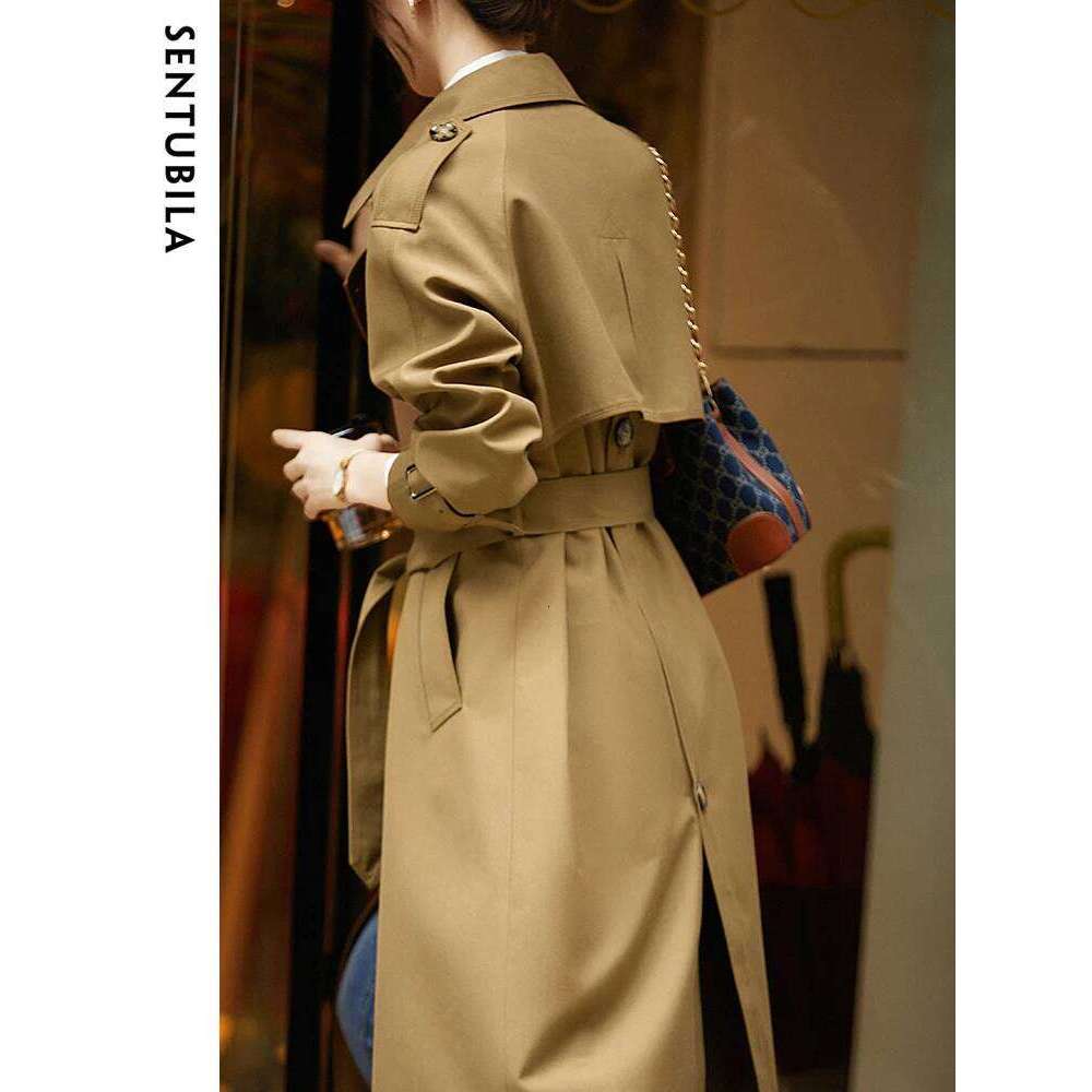 SENTUBILA Women's Belted Trench Coat Elegant Long Windbreaker Jacket Autumn Winter Double Breasted Maillard Outerwear 123F42871