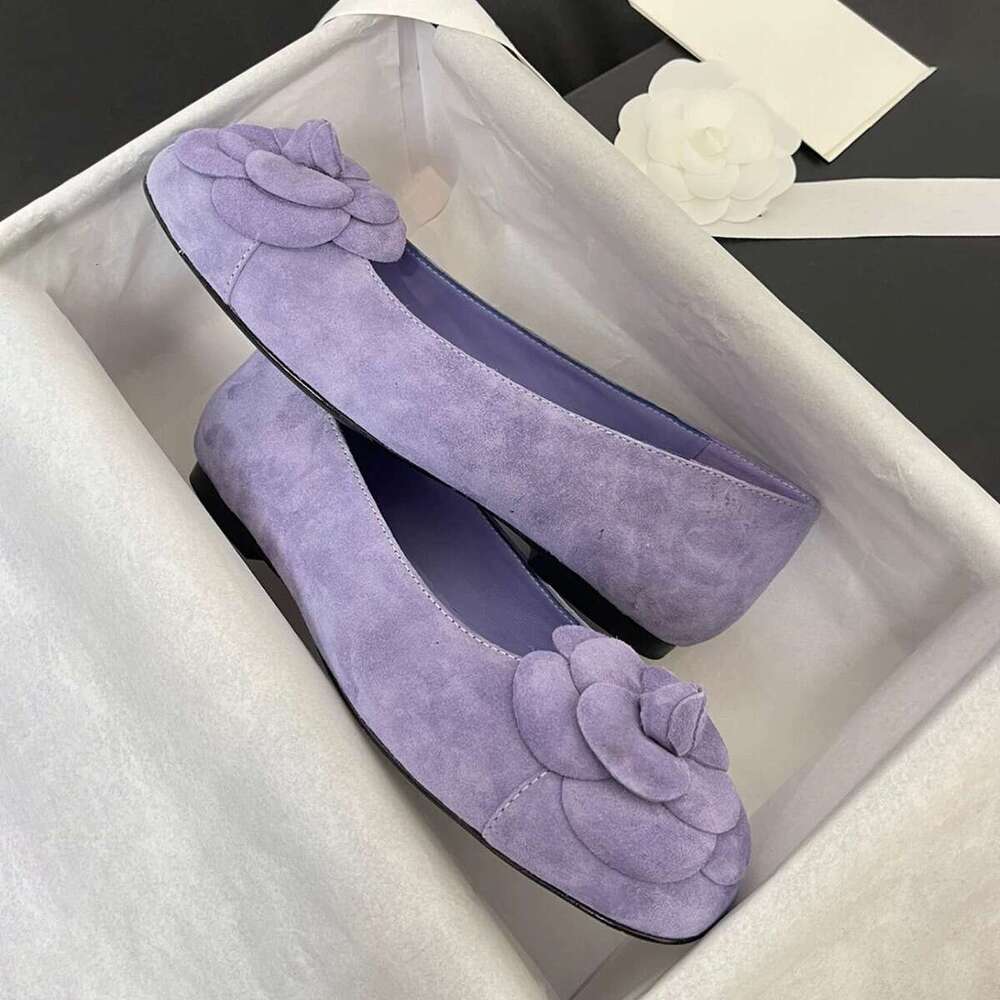 Genuine Leather Suede Shallow Mouth Camellia Single Shoes for Women Spring and Autumn New Versatile Fashion Round Toe Flat Ballet Flats