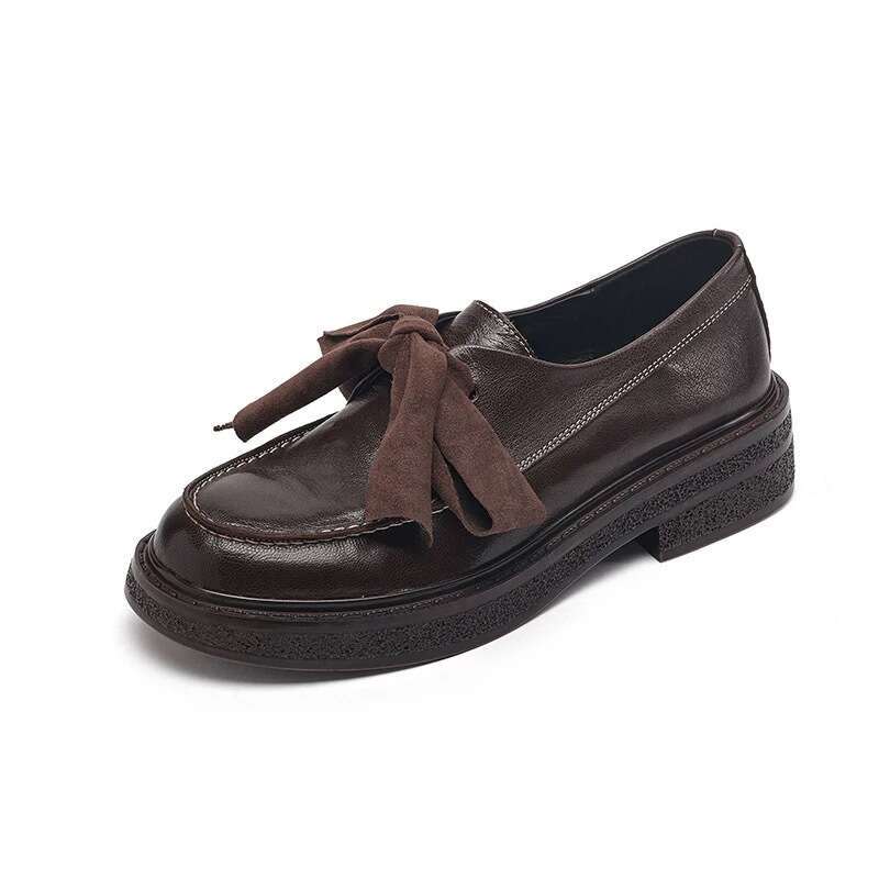 Genuine Bow Thick Sole Loafers for Women 2025 Spring New Versatile Round Toe Deep Mouth Small Leather Single Shoes