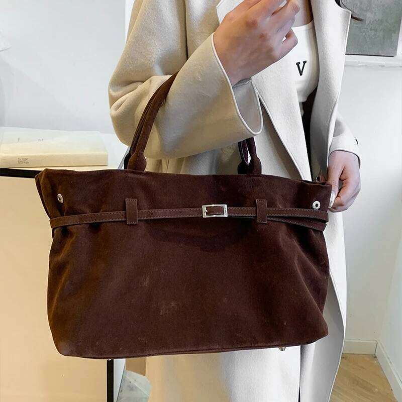 Trendy Autumn Brown Tote Women's Retro Suede Large Capacity Shoulder Belt Buckle Design Ladies Underarm Commuter Bag