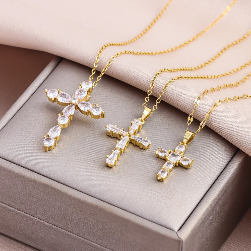Super Sparkly Zircon Crystal Cross Pendant Necklaces For Women Trendy Female Stainless Steel Neck Chain Jewelry Wholesale 250519