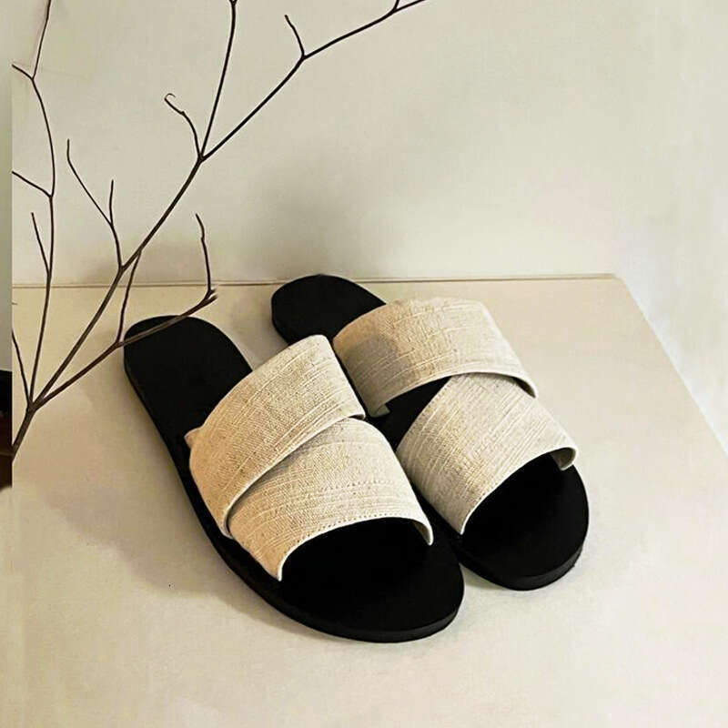 Korean Style Niche Canvas Open-Toe Lazy Slippers for Women Summer Outdoor New Wide Strap Simple Casual Flat Sandals