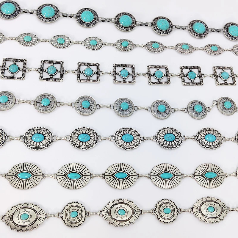 Fashion Silver Bohemian female circular waist chain blue gemstone Ellipse chain belts for women suitable for Skirts dress 250523