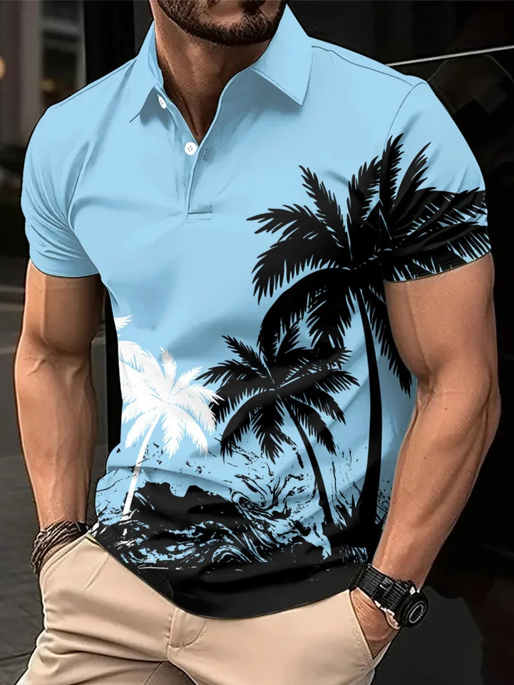 Mens Summer Fashion Trend 3D Plaid Print Short-sleeved Polo Casual Street Sports Stripe Polo Tops 250528