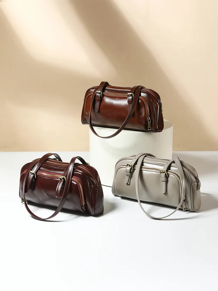 Genuine Leather Underarm retro baguette bag for women Shoulder Bag First layer cow leather handbag crossbody bowling 250528