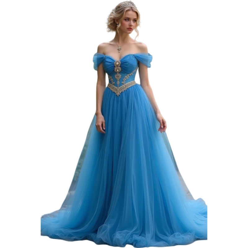 Elegant Light Blue Tulle Long Prom Dresses Off Shoulder A-Line Sweetheart Evening Gown With Gold Appliques Beaded Formal Party Occasion Wear