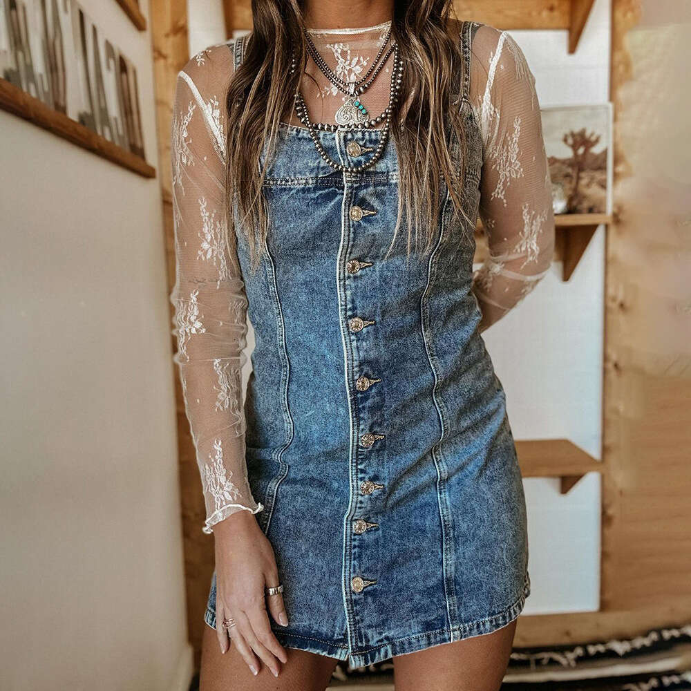Early Autumn Vintage Strap Casual Western Style Slim Fit Denim Dress B5