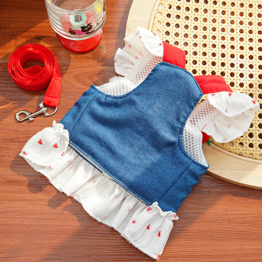 Denim Dog Dress Leash Set Cute Small Dogs Clothes Girl Heart Patterns Puppy Dresses Breathable Mesh Cat Harness Strawberry Chihuahua Yorkie Outfit XS 