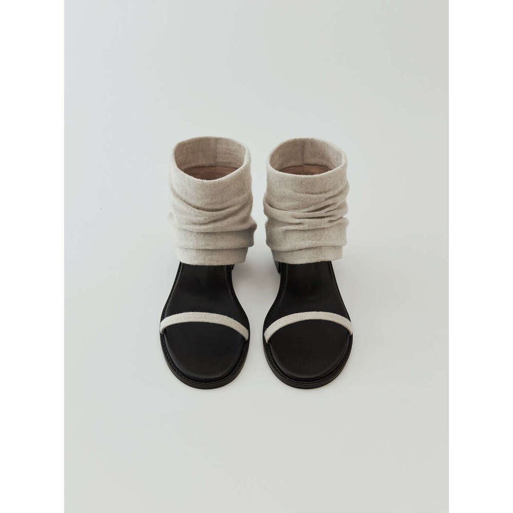 Genuine Leather Korean Style Niche Design Patchwork Pleated Strap Sandals for Women Summer New Thick Heel Round Toe Cool Boots