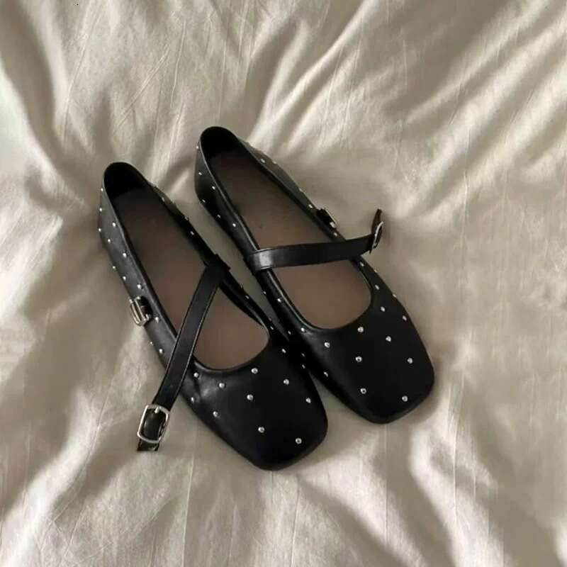 Genuine Leather Korean Style Studded Square Toe Mary Jane for Women 2025 Spring Versatile Flat Shallow Mouth Red Single Shoes