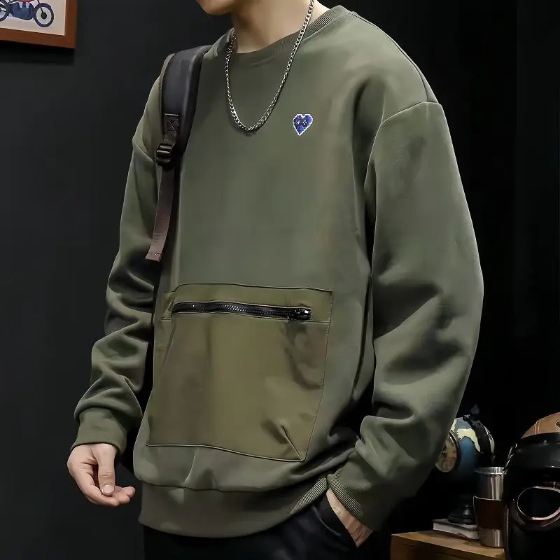 Japanese Style Trend Autumn Cargo Sweatshirts Men Solid O-Neck Zipper Multiple Pockets High Street Long Sleeve Loose Hoodies 250527